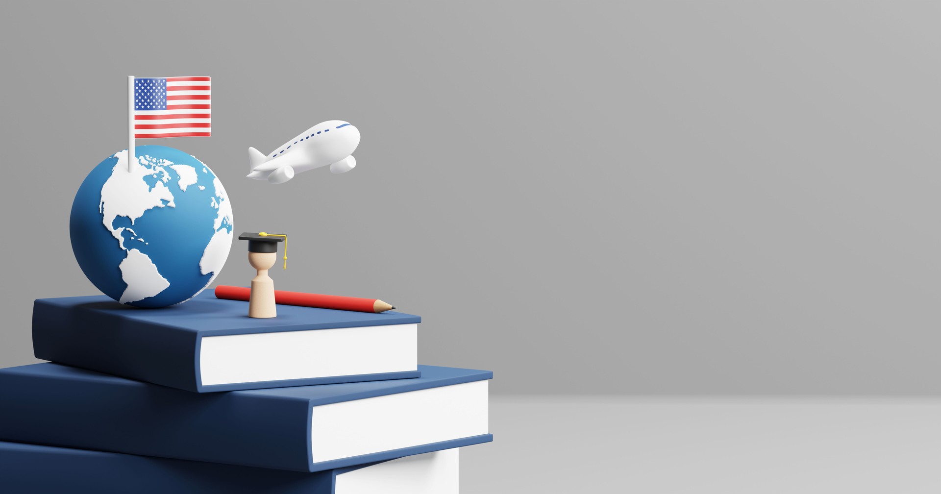 Study abroad and travel in America concept design of American flag on world and wooden people with graduation cap on grey background 3D render